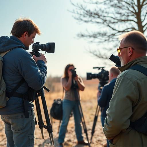 Professional video production crew filming an outdoor scene